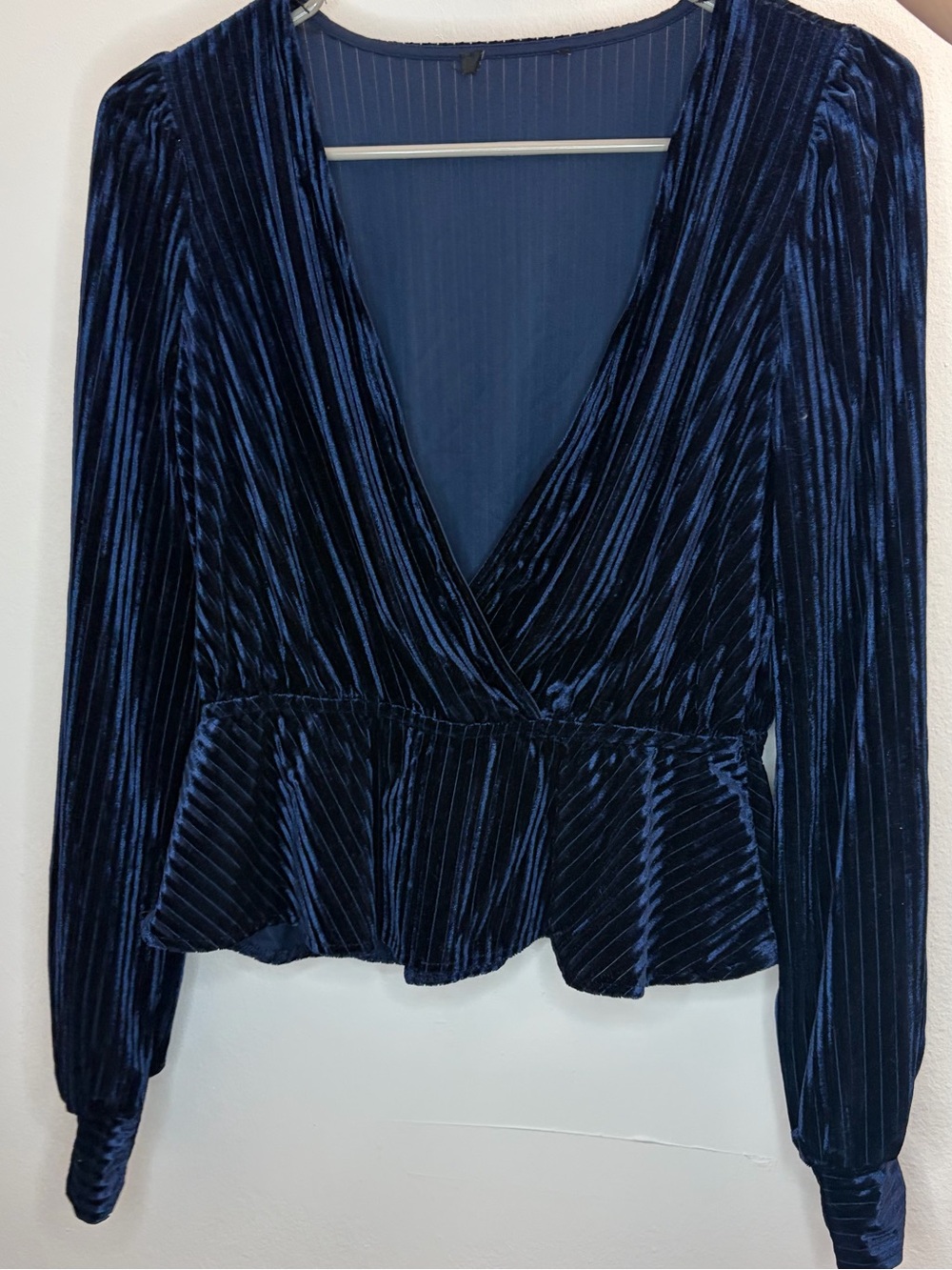 Navy Blue Velvet Peplum Top Deep V Neck Long Sleeve Medium